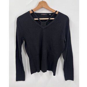 Cyrus Nylon Rayon Blend Top Strappy V-Neck W/Metallic Piece Black Womens Medium